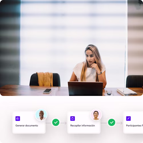 Two coworkers at a small business review an agreement on a phone, with workflow steps below

