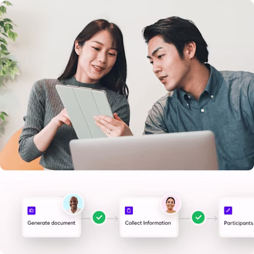 Two coworkers at a small business review an agreement on a phone, with workflow steps below
