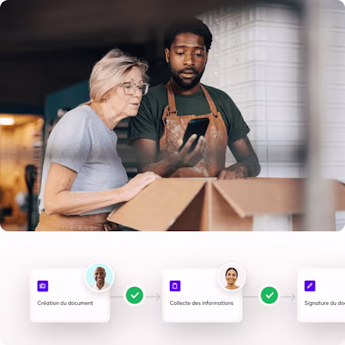 Two coworkers at a small business review an agreement on a phone, with workflow steps below