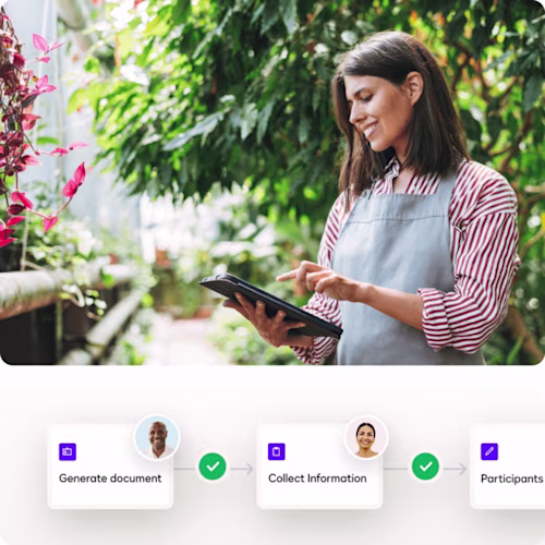 Two coworkers at a small business review an agreement on a phone, with workflow steps below

