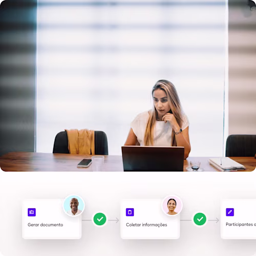 Two coworkers at a small business review an agreement on a phone, with workflow steps below

