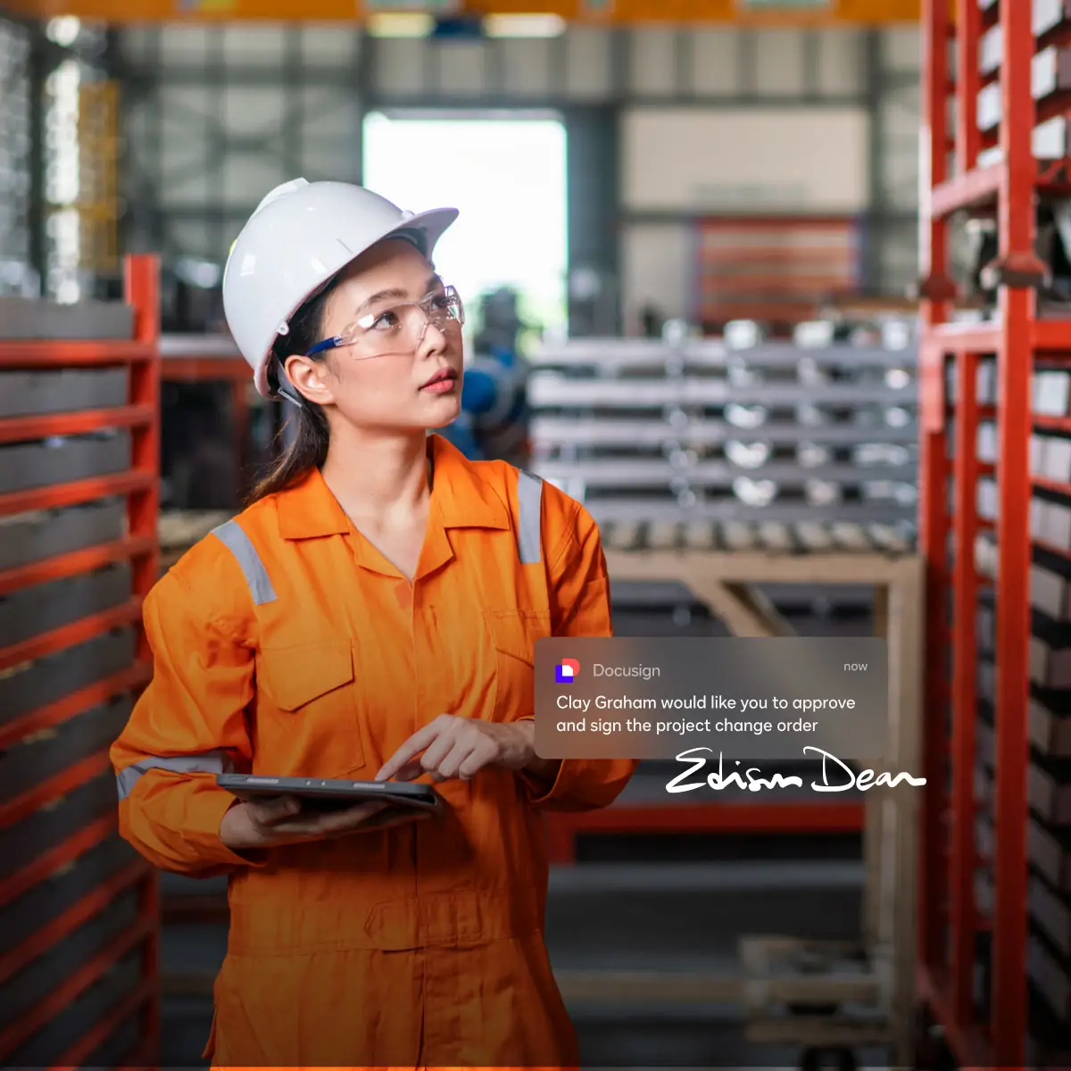 A notification from Docusign prompts a construction project manager to approve and sign a project change order