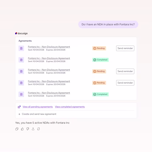 UI Image showing AI assisted workflow to manage contracts in Docusign product workflows