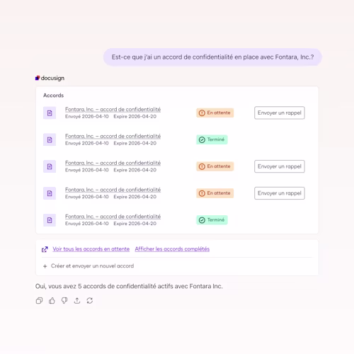 UI Image showing AI assisted workflow to manage contracts in Docusign product workflows