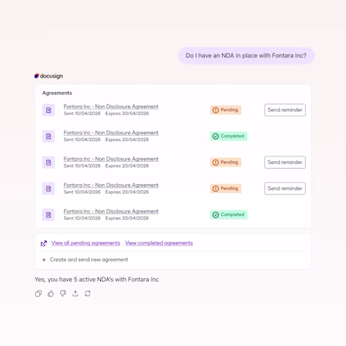 UI Image showing AI assisted workflow to manage contracts in Docusign product workflows