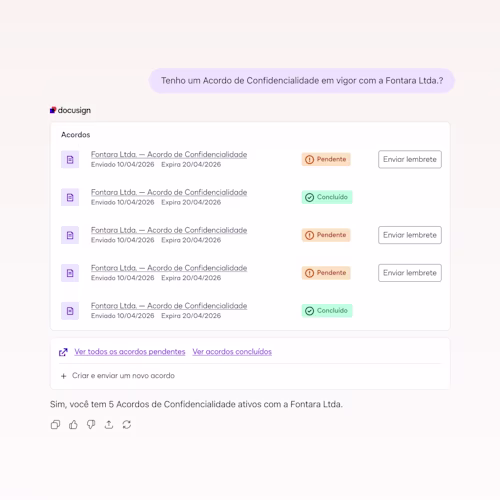 UI Image showing AI assisted workflow to manage contracts in Docusign product workflows