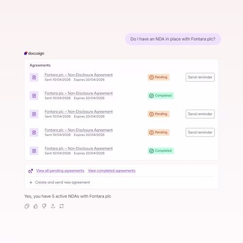 UI Image showing AI assisted workflow to manage contracts in Docusign product workflows