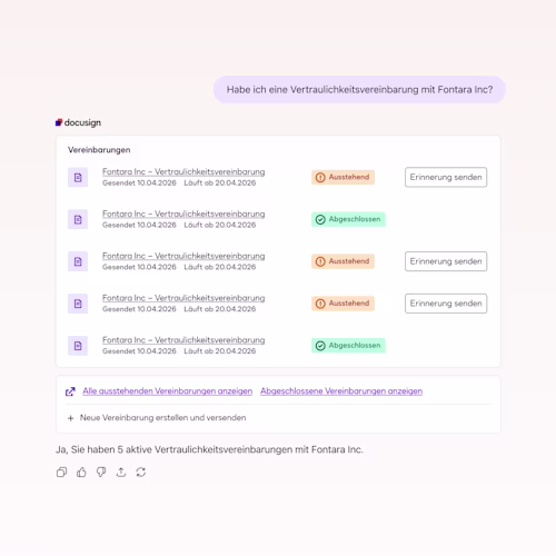 UI Image showing AI assisted workflow to manage contracts in Docusign product workflows