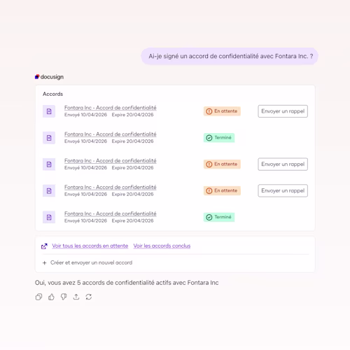 UI Image showing AI assisted workflow to manage contracts in Docusign product workflows