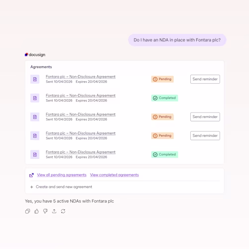 UI Image showing AI assisted workflow to manage contracts in Docusign product workflows