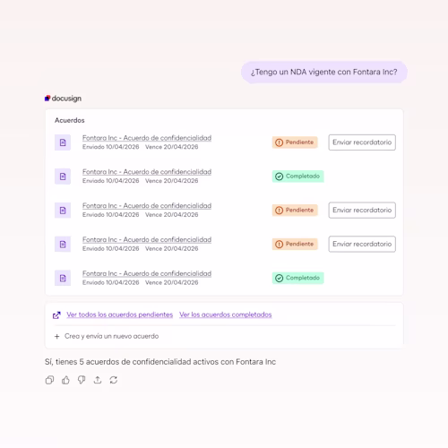 UI Image showing AI assisted workflow to manage contracts in Docusign product workflows