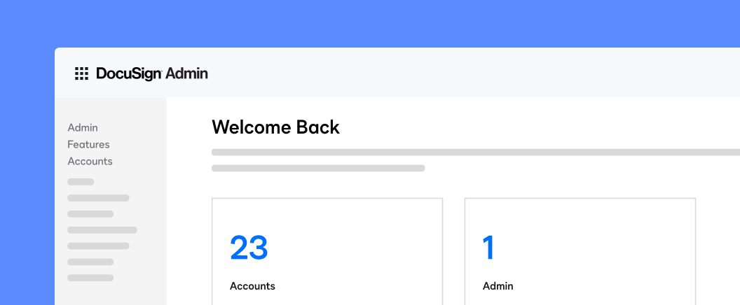L’écran d’accueil de DocuSign Admin indiquant le nombre de comptes et d’administrateurs qu’un utilisateur possède.