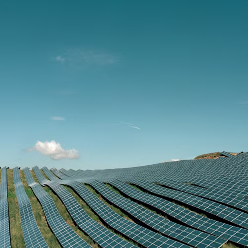 A solar farm under a blue sky