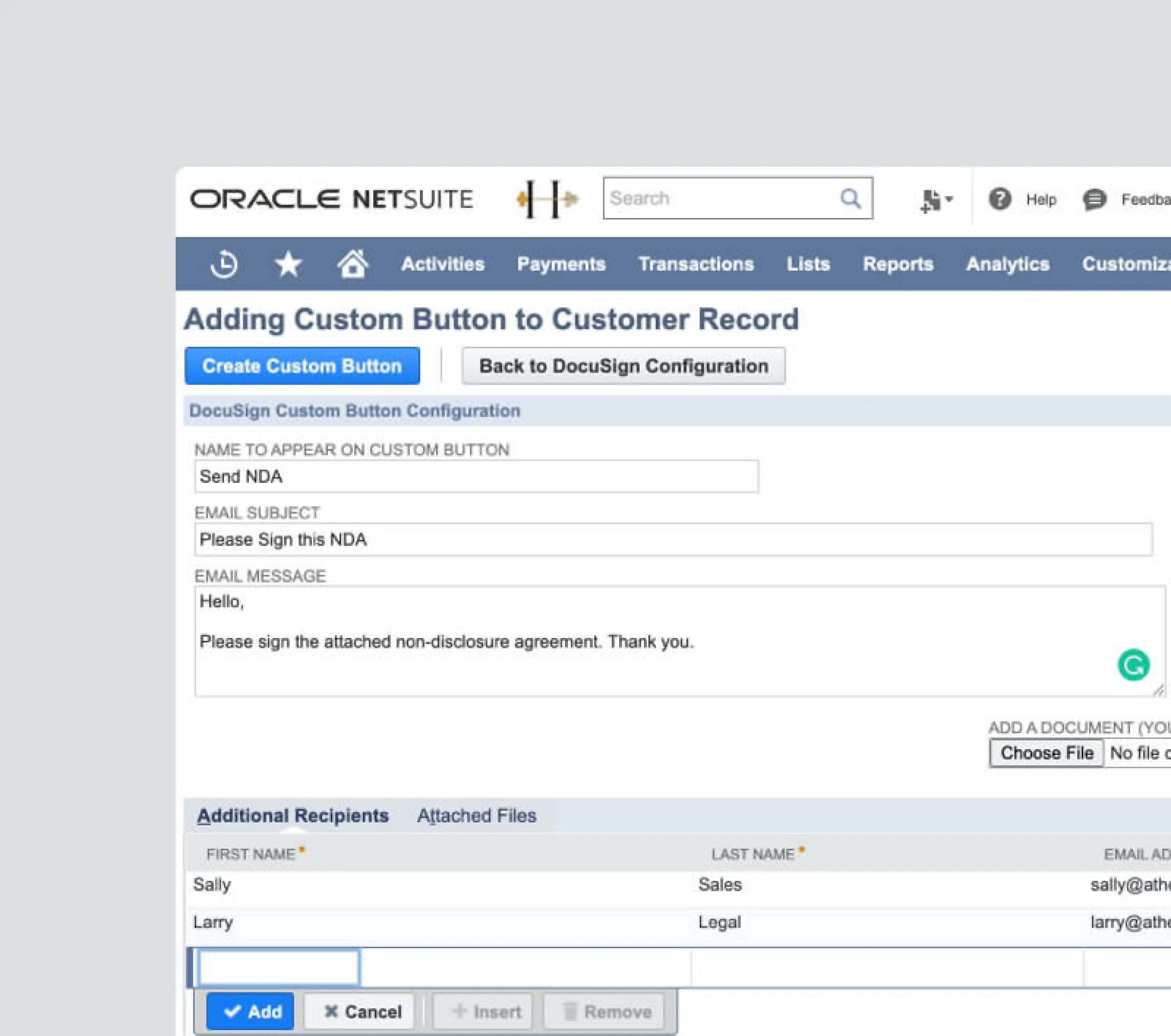 A product screenshot of Adding a Custom Button to Customer Record UI.