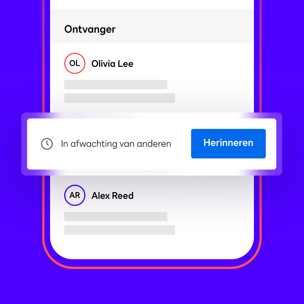 Een scherm in de Docusign-app laat zien dat de status van een overeenkomst &quot;In afwachting van anderen&quot; is en geeft de optie de ondertekenaar een herinnering te sturen.