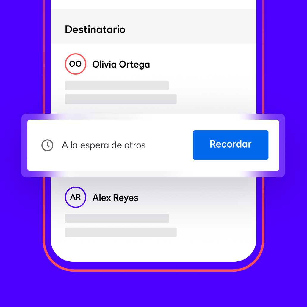 Una pantalla de la aplicación móvil Docusign muestra que el estado de un acuerdo es “a la espera de otros” y da la opción de recordárselo al firmante.