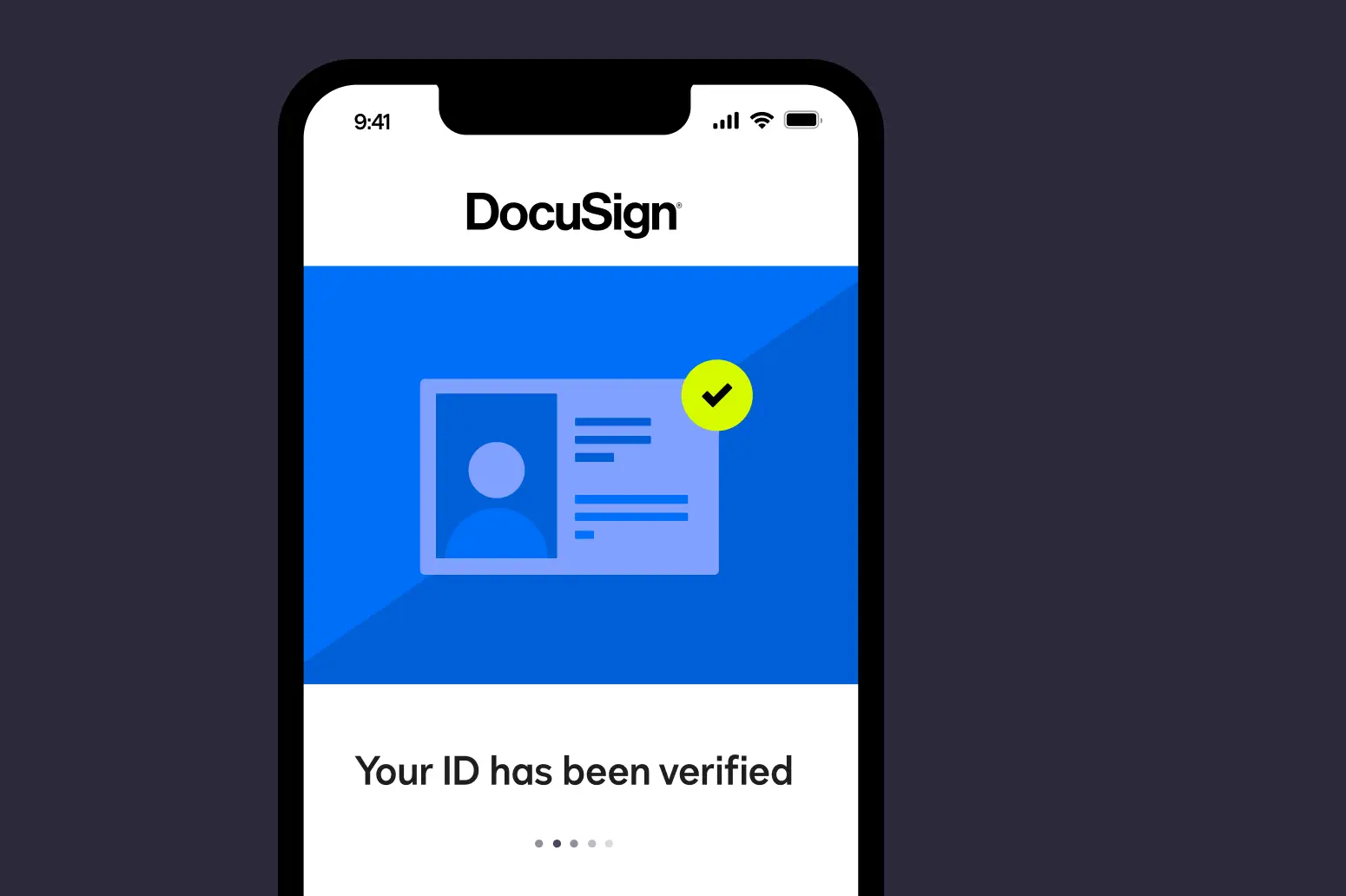 Phone screen showing that a user's identity has been verified in DocuSign eSignature