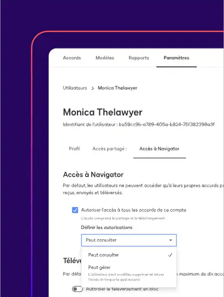 Un profil utilisateur dans Docusign Navigator affiche un menu déroulant dans lequel vous pouvez définir si l’utilisateur peut afficher ou gérer les accords