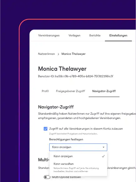 Ein Nutzerprofil in Docusign Navigator mit einem Drop-down-Menü zur Festlegung, ob der Nutzer Vereinbarungen anzeigen oder verwalten kann