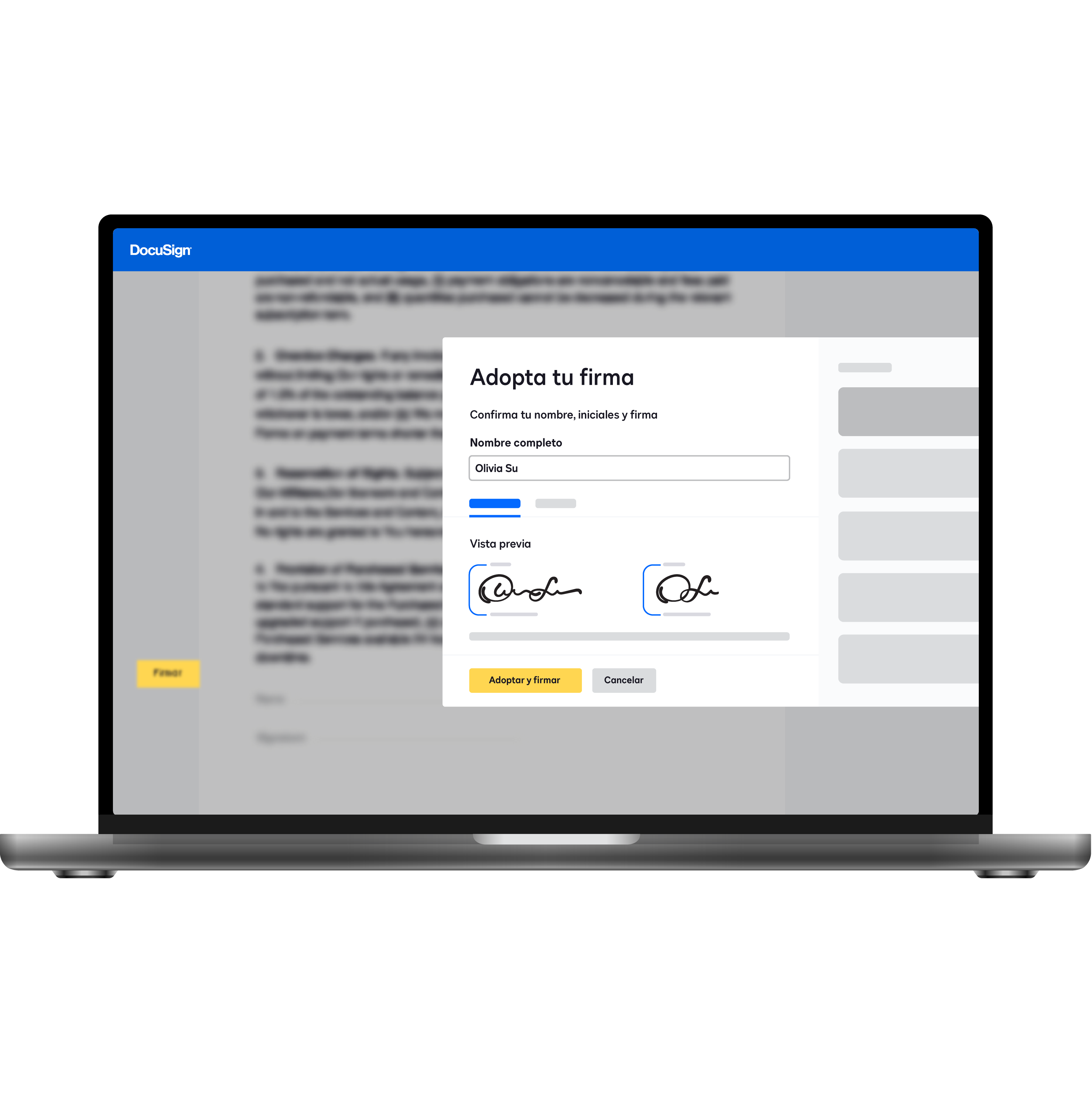 Computadora portátil que muestra un usuario que firma un documento