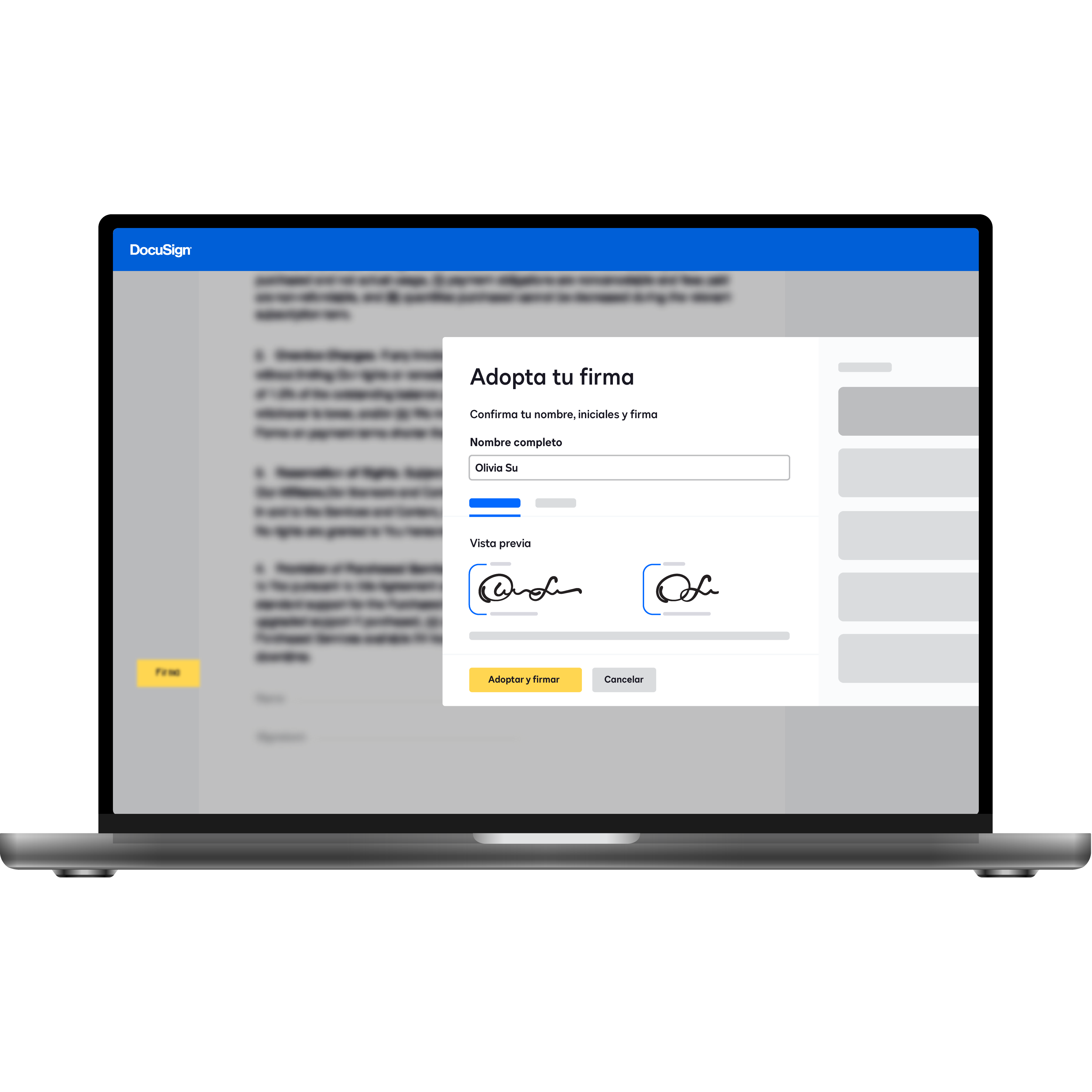 Ordenador portátil mostrando a un usuario firmar un documento