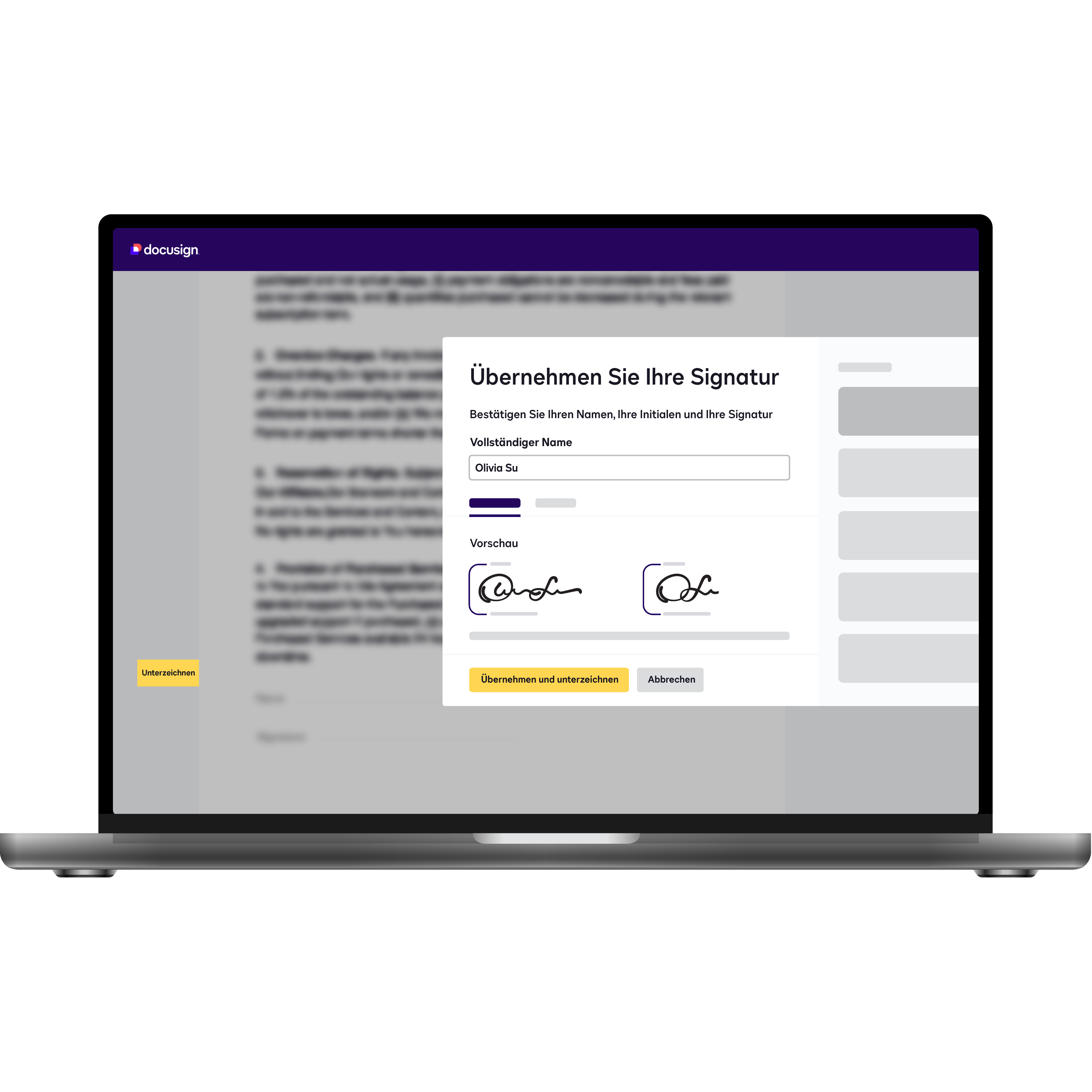 Laptop, auf dem ein Nutzer ein Dokument unterzeichnet