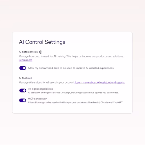 UI image of AI Control settings available on Docusign products for governed ai settings