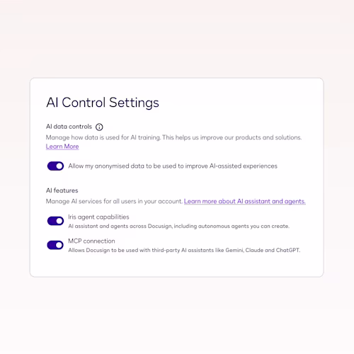 UI image of AI Control settings available on Docusign products for governed ai settings