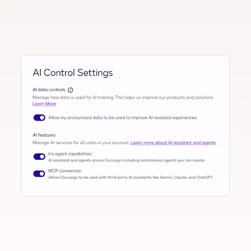 UI image of AI Control settings available on Docusign products for governed ai settings