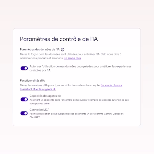 UI image of AI Control settings available on Docusign products for governed ai settings