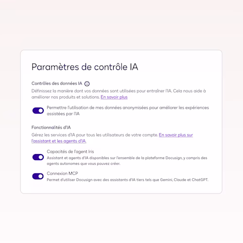 UI image of AI Control settings available on Docusign products for governed ai settings