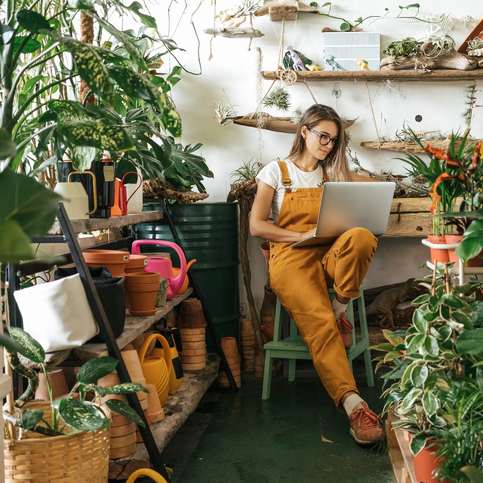 Mulher usando laptop em uma pequena loja de jardinagem