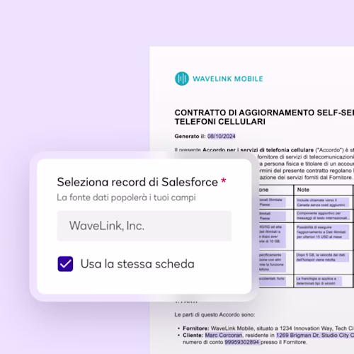 Interfaccia utente per la preparazione dell'accordo Docusign di un ticket di esempio