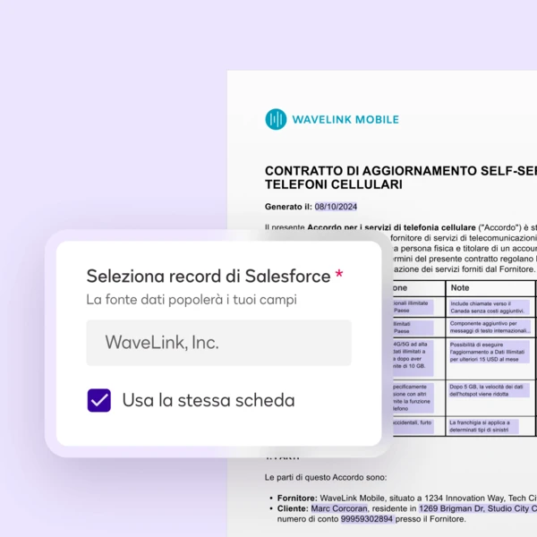 Interfaccia utente per la preparazione dell'accordo Docusign di un ticket di esempio