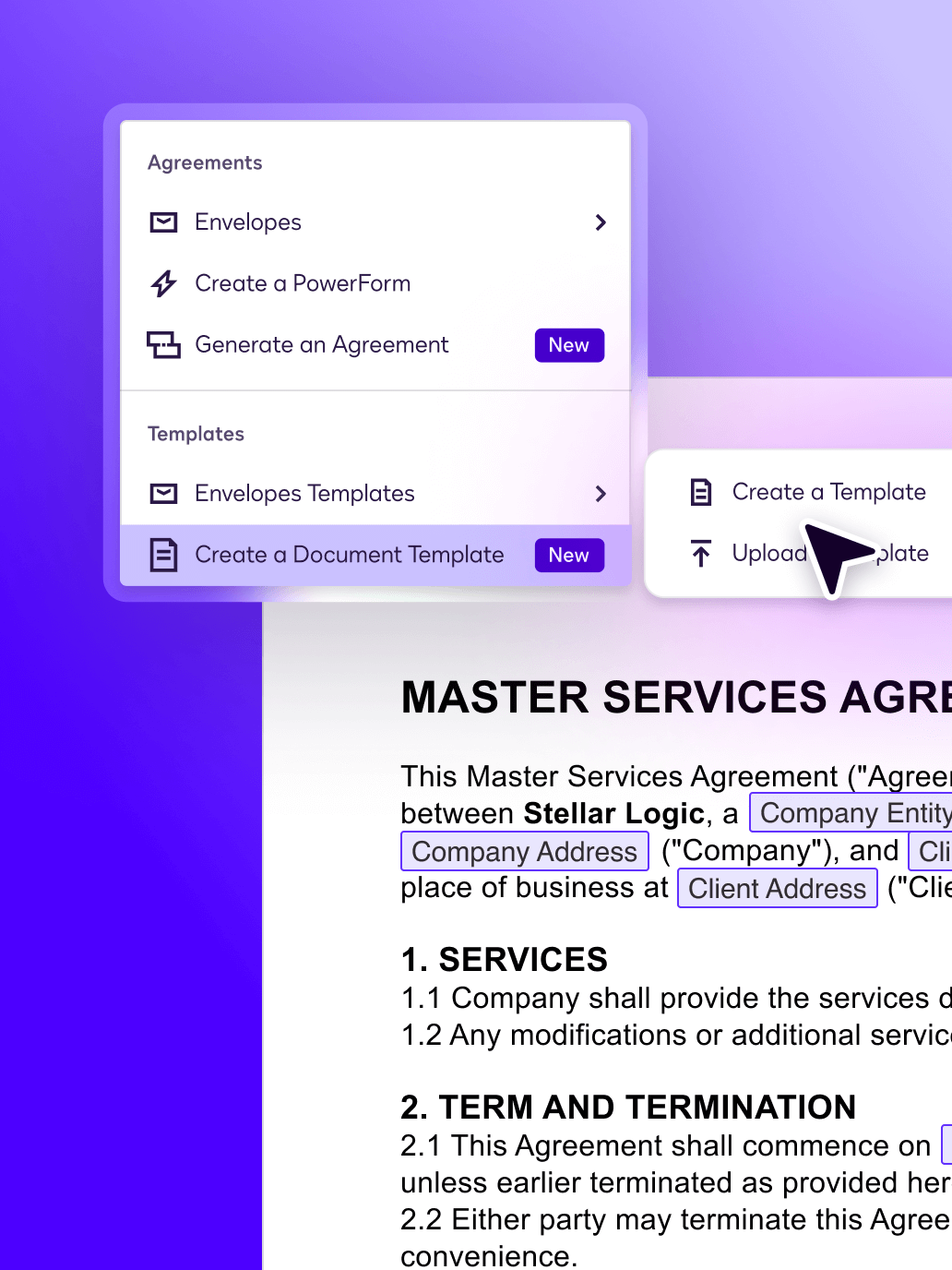 Document UI of master services agreement showing a menu of services to create a document template with highlighted options.