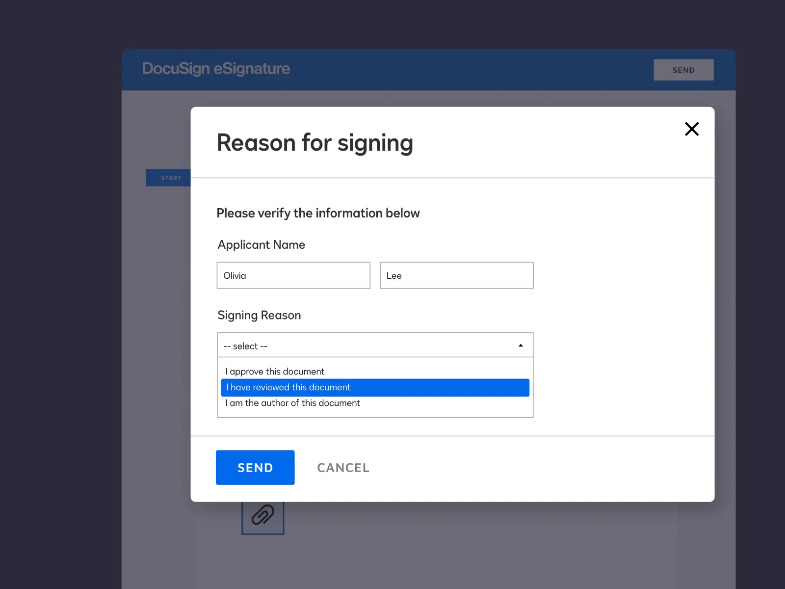 A dropdown menu in DocuSign eSignature gives users options for why they are signing a document