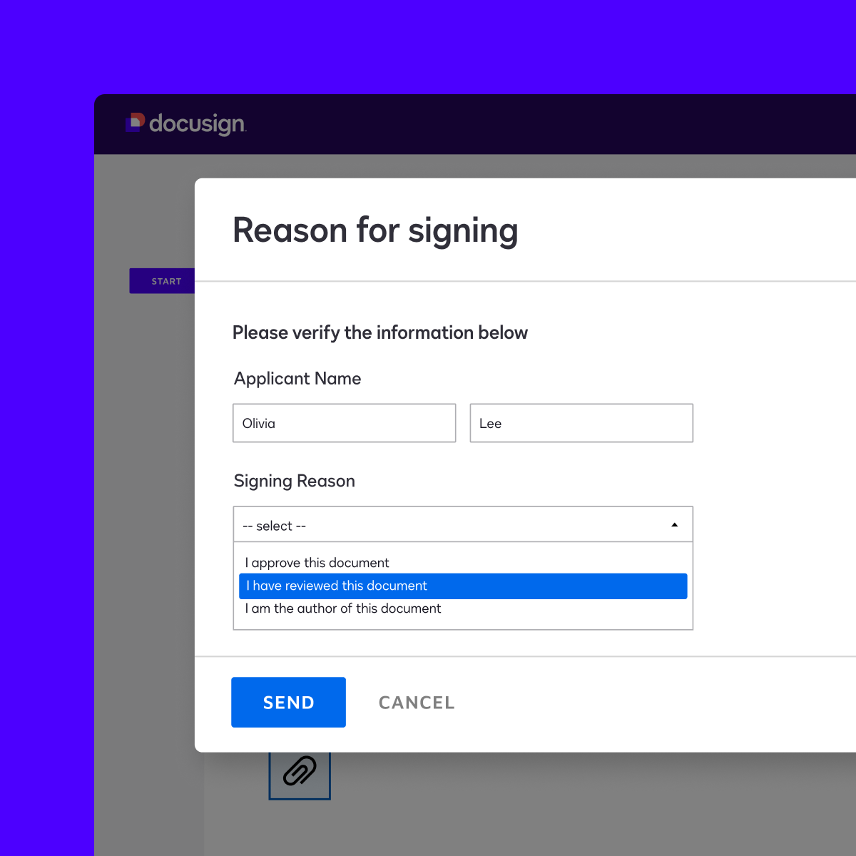 A dropdown menu in DocuSign eSignature gives users options for why they are signing a document