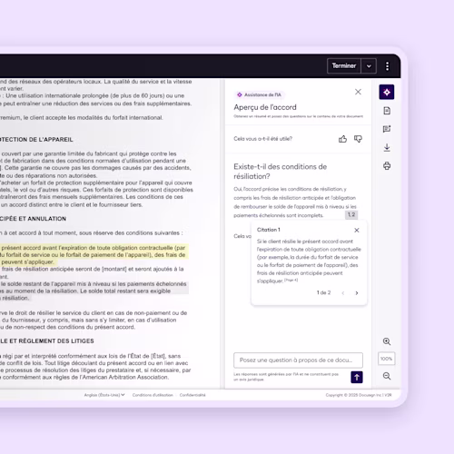 Capture d'écran d'un document numérique discutant d'un aperçu de l'accord, mettant en évidence les termes, conditions et questions fréquentes pour les utilisateurs.