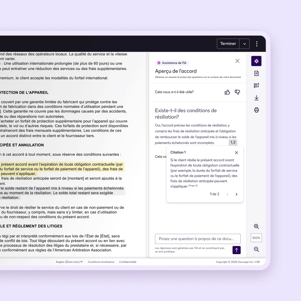 Capture d'écran d'un document numérique discutant d'un aperçu de l'accord, mettant en évidence les termes, conditions et questions fréquentes pour les utilisateurs.