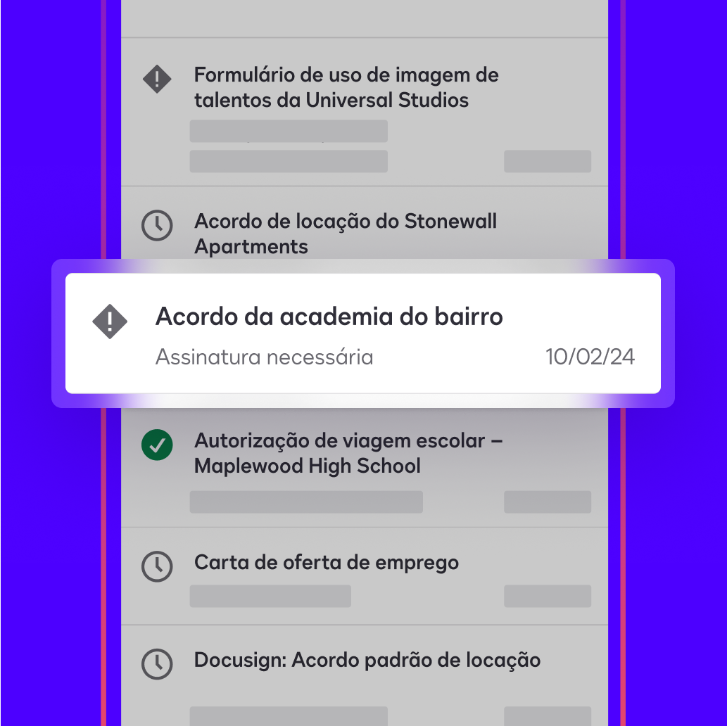 Um painel no aplicativo Docusign eSignature mostra um acordo que um usuário precisa assinar e devolver marcado como &quot;assinatura necessária&quot;