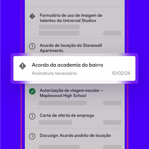 Um painel no aplicativo Docusign eSignature mostra um acordo que um usuário precisa assinar e devolver marcado como "assinatura necessária"