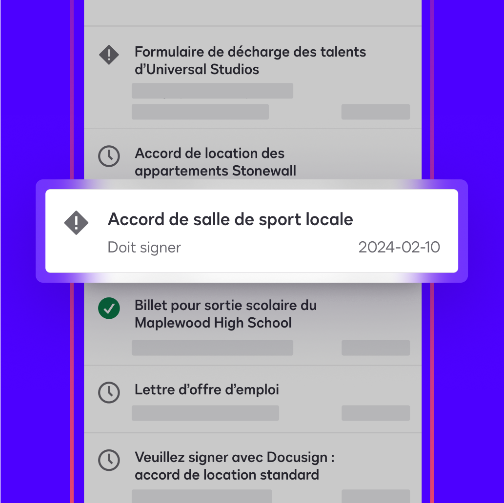 Un tableau de bord dans l’application Docusign eSignature montre un accord marqué comme « doit signer » qu’un utilisateur doit signer et renvoyer