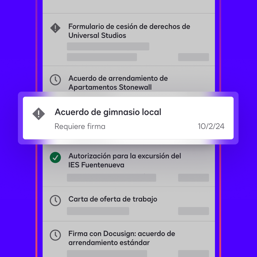 Un panel de la aplicación DocuSign eSignature muestra un acuerdo que un usuario debe firmar y devolver marcado como «requiere firma»