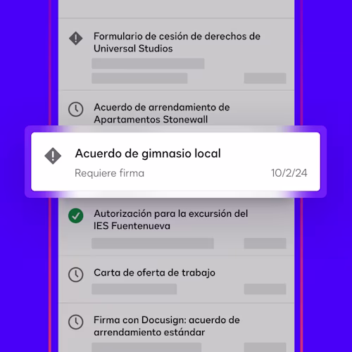 Un panel de la aplicación DocuSign eSignature muestra un acuerdo que un usuario debe firmar y devolver marcado como «requiere firma»