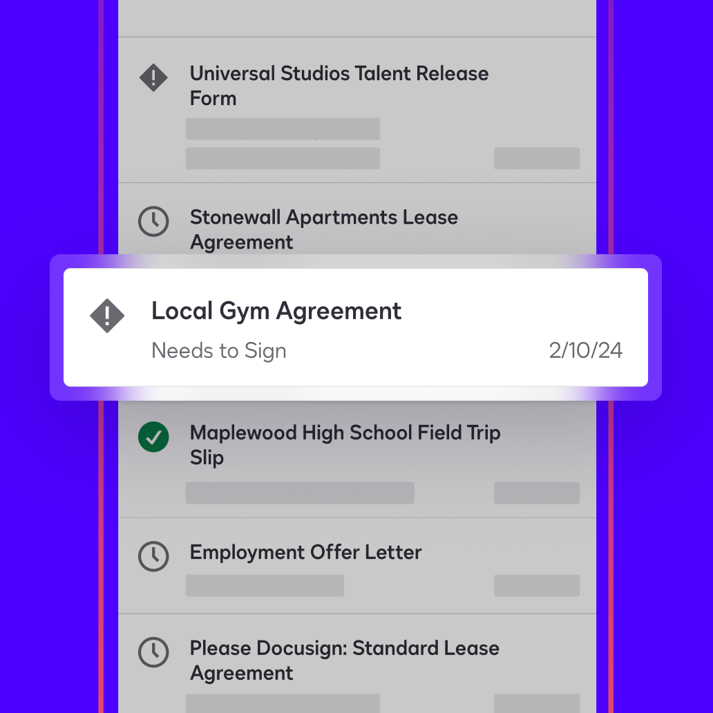 A dashboard in the Docusign eSignature app shows an agreement that a user needs to sign and return flagged as “needs to sign”