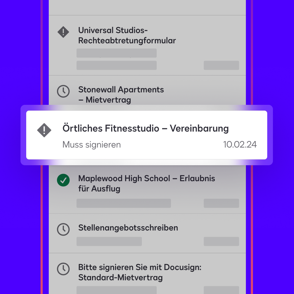 Ein Dashboard in der DocuSign eSignature-App zeigt einen Vertrag, den eine Nutzerin oder ein Nutzer signieren muss und der als „muss signiert werden“ gekennzeichnet ist.