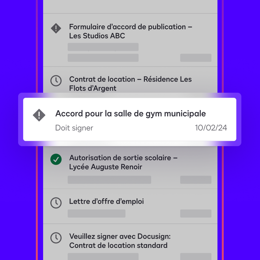 Un tableau de bord dans l’application Docusign eSignature affiche un accord qu’un utilisateur doit signer et renvoyer et qui présente la mention « Doit signer ».