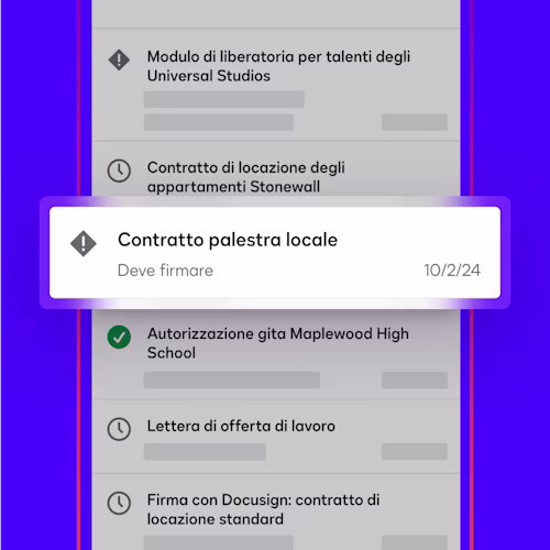 Una dashboard nell'app Docusign eSignature mostra un contratto che un utente deve firmare e restituire contrassegnato come "deve firmare"