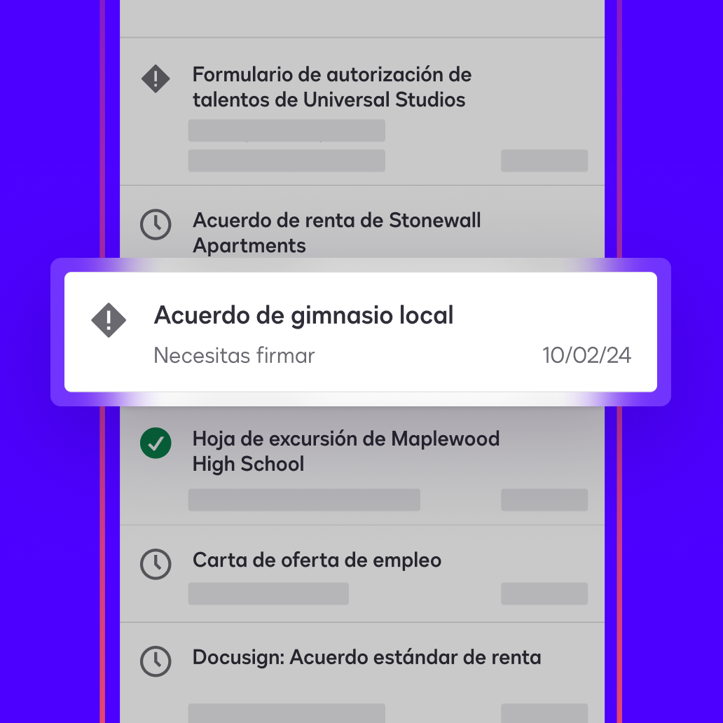 Un panel de la aplicación Docusign eSignature muestra un acuerdo que un usuario necesita firmar y devolver marcado como “necesitas firmar”