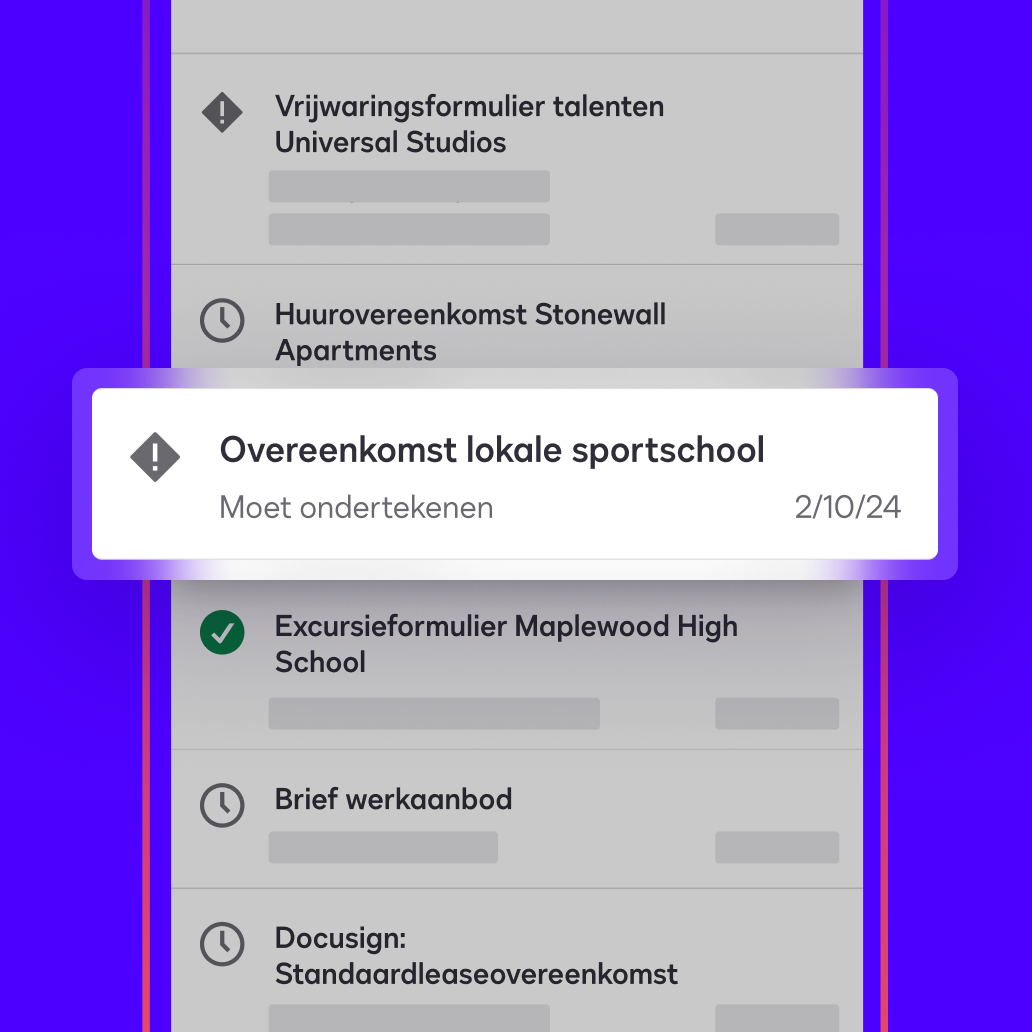 Een dashboard in de Docusign eSignature-app met een overeenkomst die een gebruiker moet ondertekenen en terugsturen, gemarkeerd als &quot;Moet ondertekenen&quot;